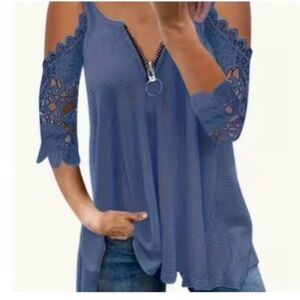 Blue Lace top / small Cold ShoulderTop with Zipper